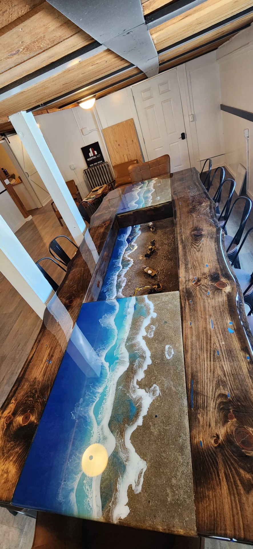 Live edge dining table with ocean wave epoxy resin pour, Plymouth MA