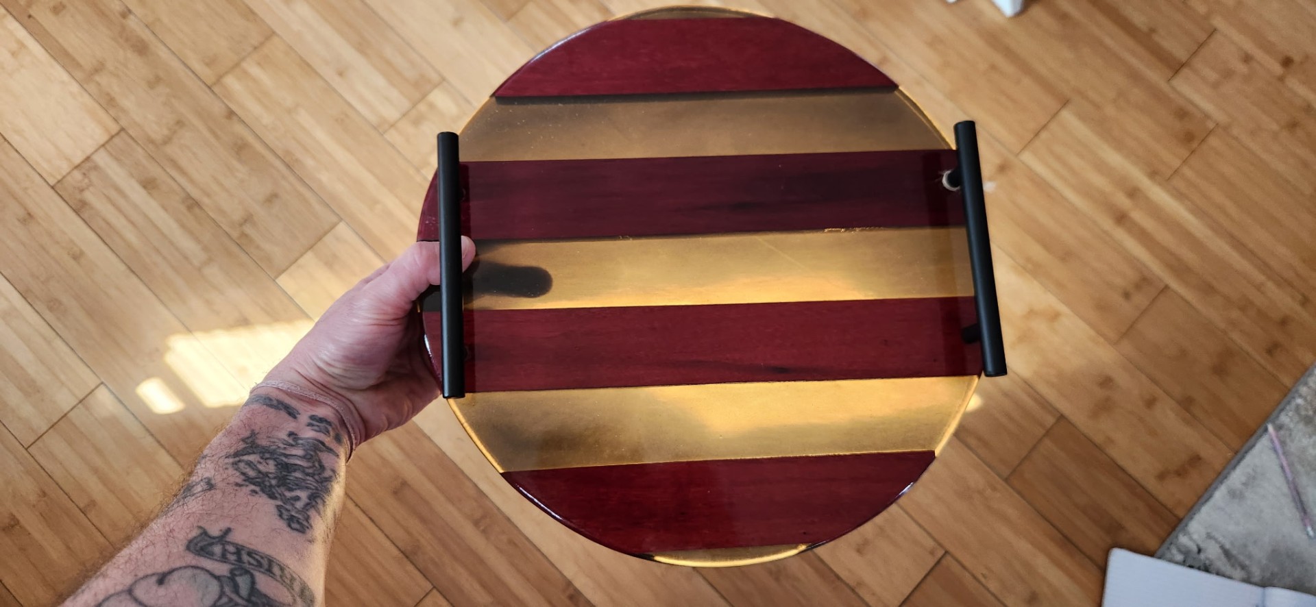 Handcrafted round serving board with red wood and gold epoxy resin, Marshfield MA