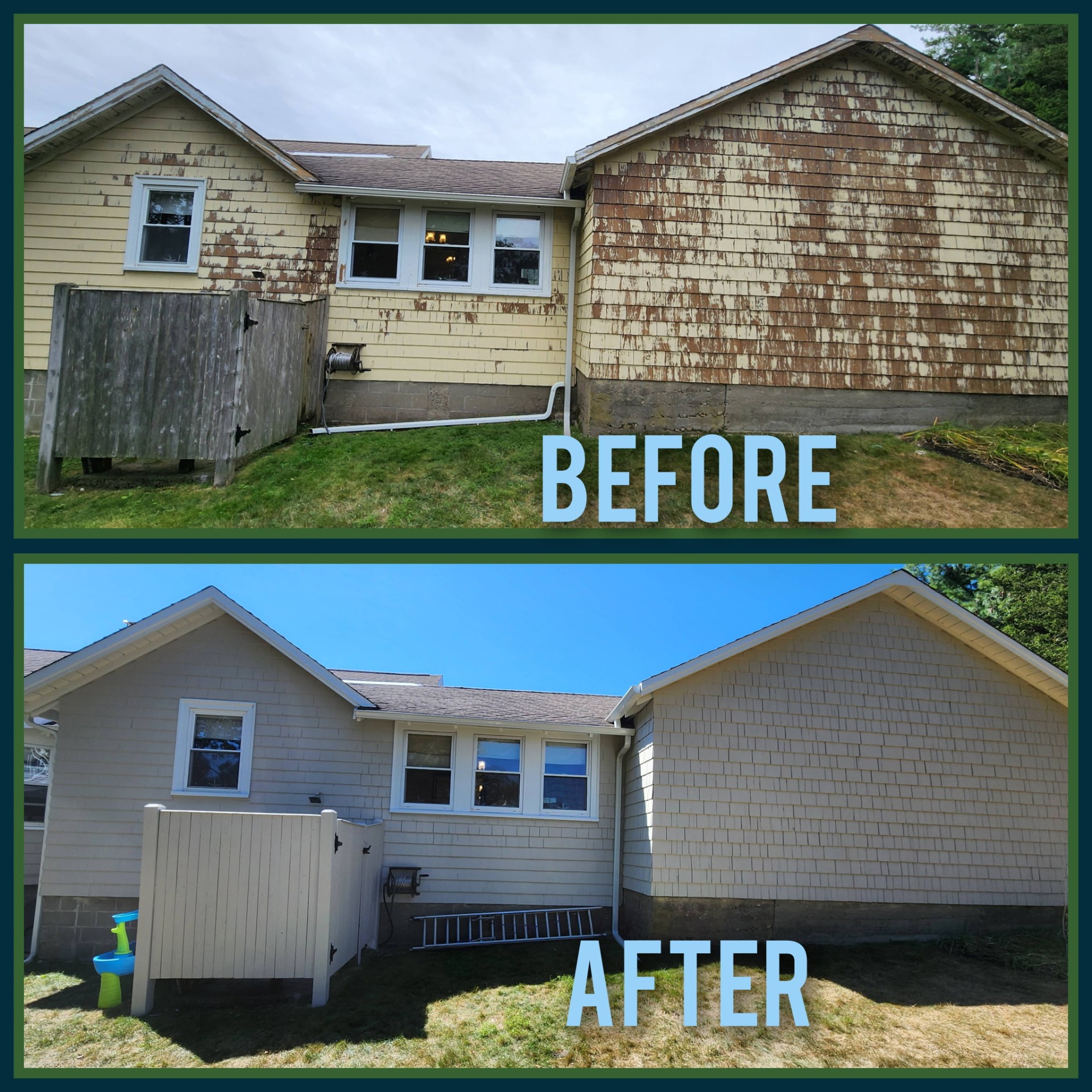 Before and after exterior cedar shingle restoration and repaint, South Shore MA