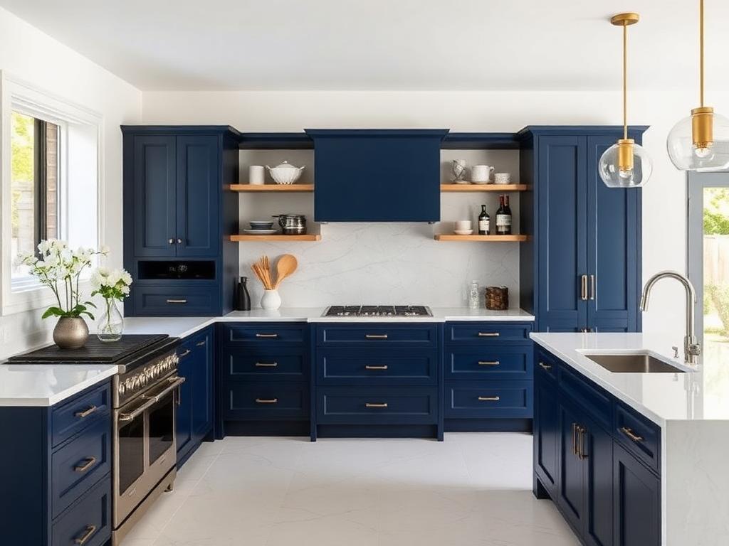 Navy cabinet repaint kitchen Hingham MA