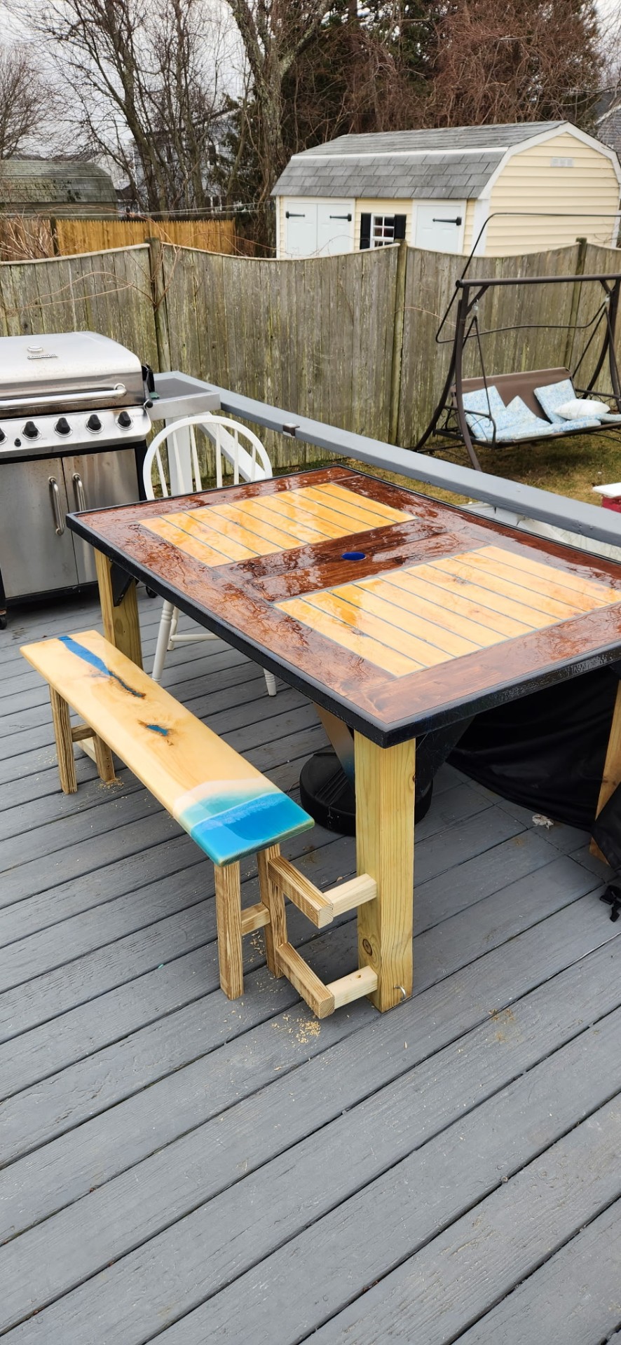 Custom epoxy resin outdoor table with live edge bench South Shore MA