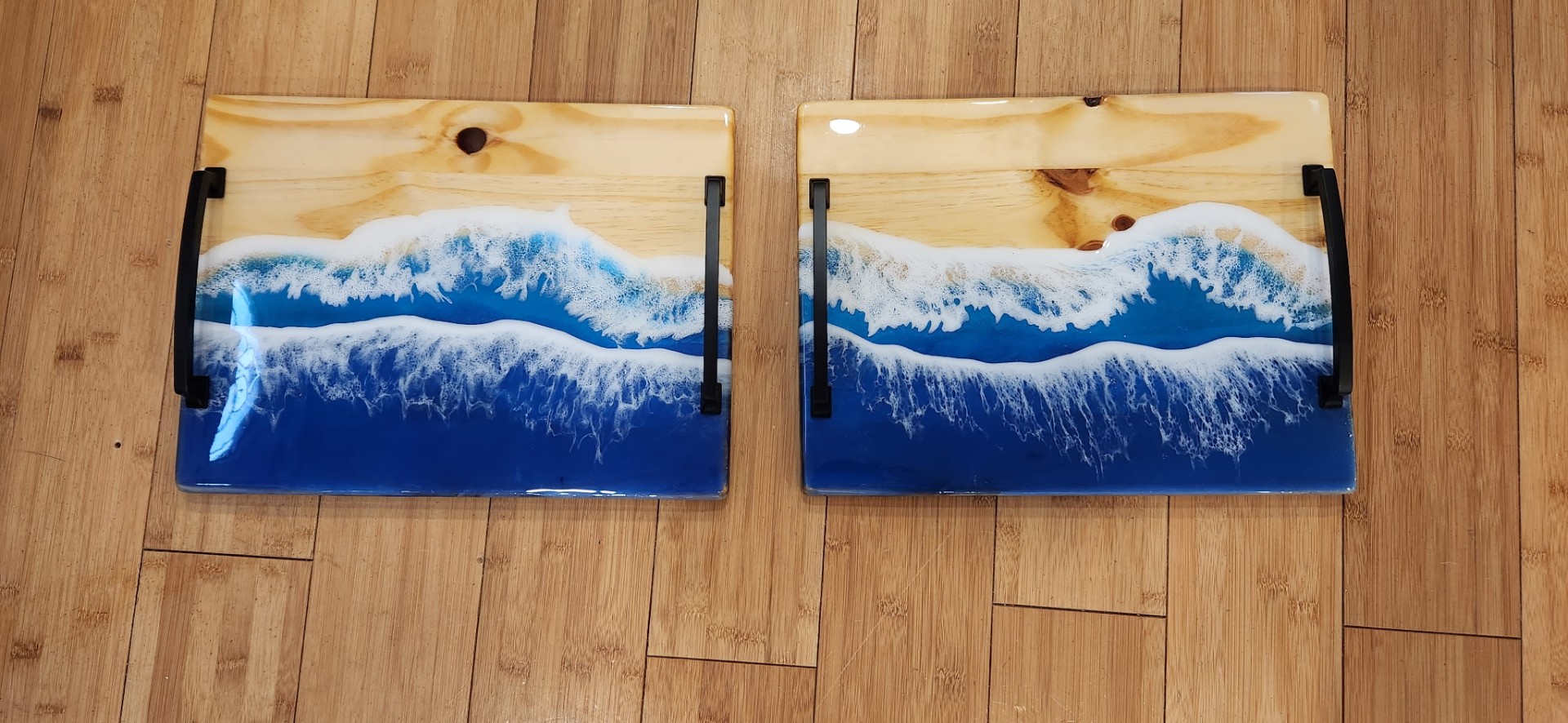 Handcrafted epoxy and live-edge wood serving trays with coastal wave design, Marshfield MA