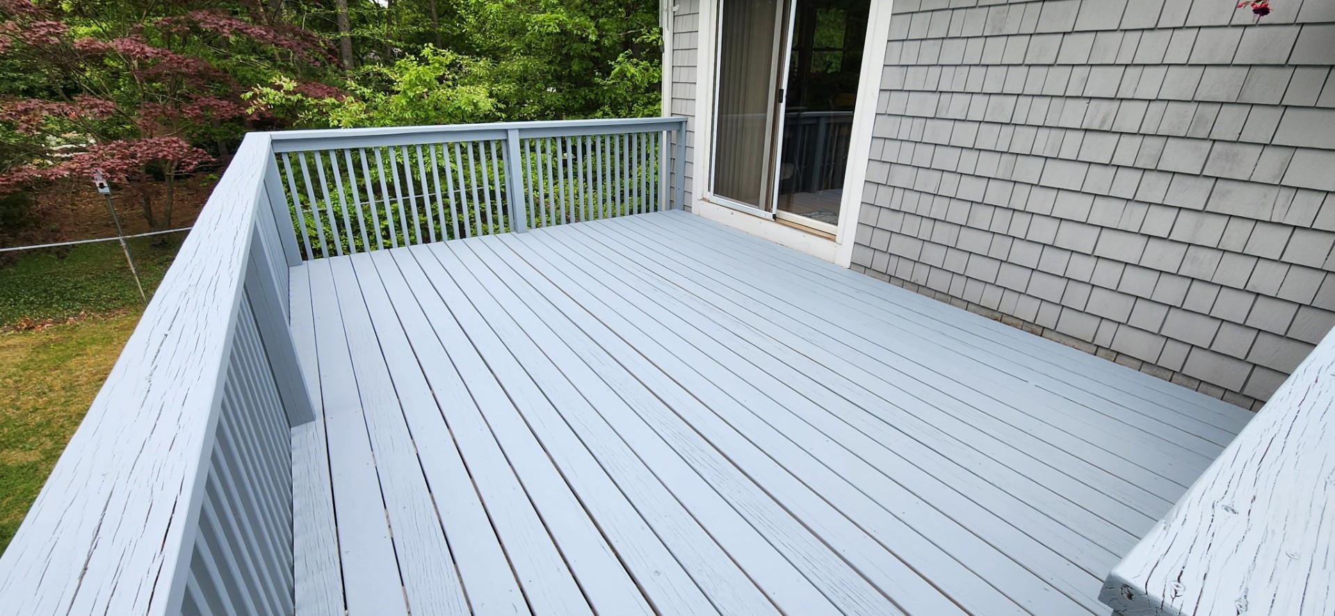 Refinished coastal blue painted deck and railings, South Shore MA